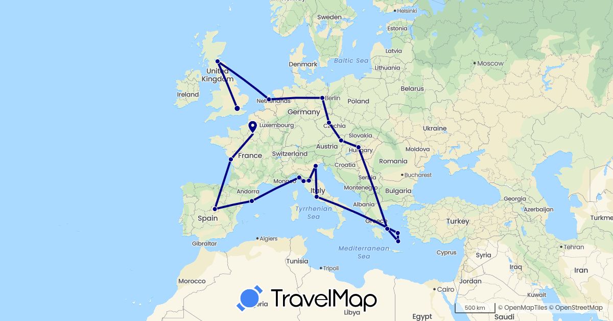 TravelMap itinerary: driving in Austria, Czech Republic, Germany, Spain, France, United Kingdom, Greece, Hungary, Italy, Netherlands (Europe)
